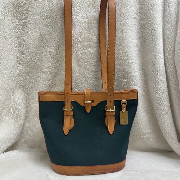 Vintage Dooney & Bourke Tote Bucket Bag Hunter Green Canvas Tan Leather - Picture 2 of 16
